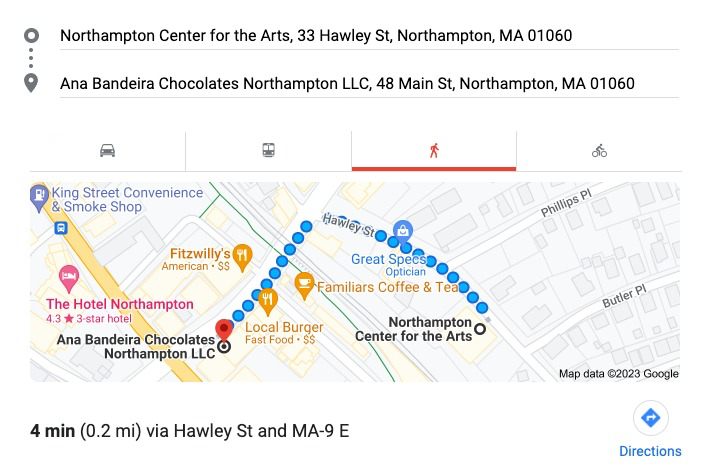 Directions from Northampton Center for the Arts to Ana Bandeira Chocolates